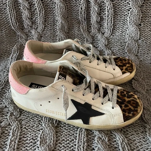 Golden Goose Leopard Print Sneakers with Pink Heel